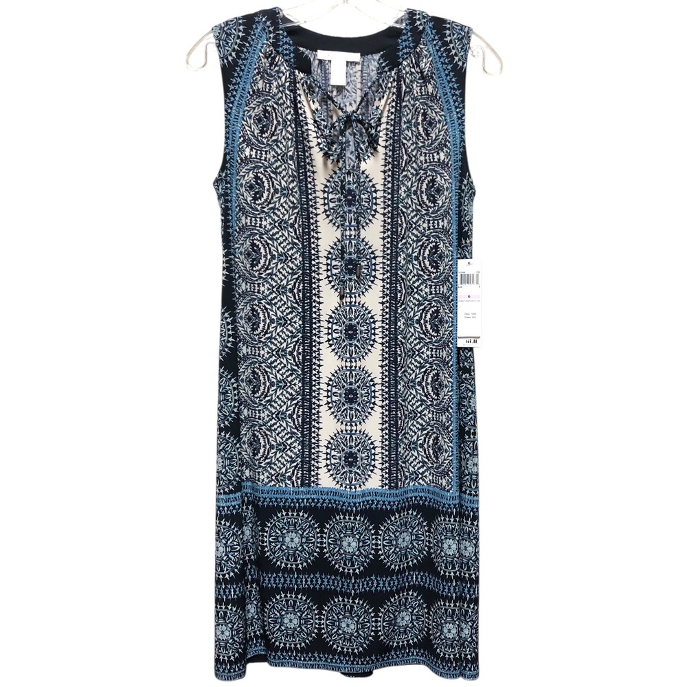 London Times Blue White Medallion Tile Print Sleeveless Shift‎ Dress T4254M 6
